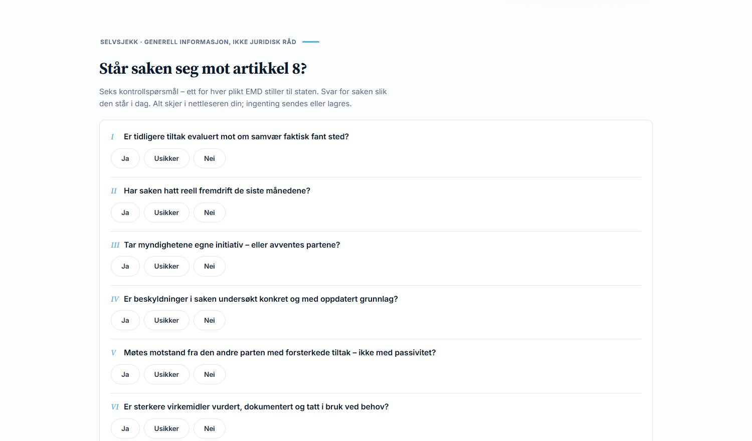 Selvsjekken på artikkel8.no: seks kontrollspørsmål – står saken seg mot artikkel 8?